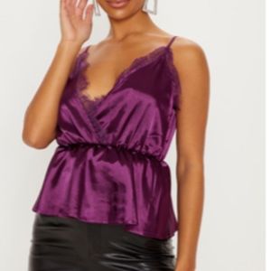Plum Satin Eyelash Lace Detail Cami Top